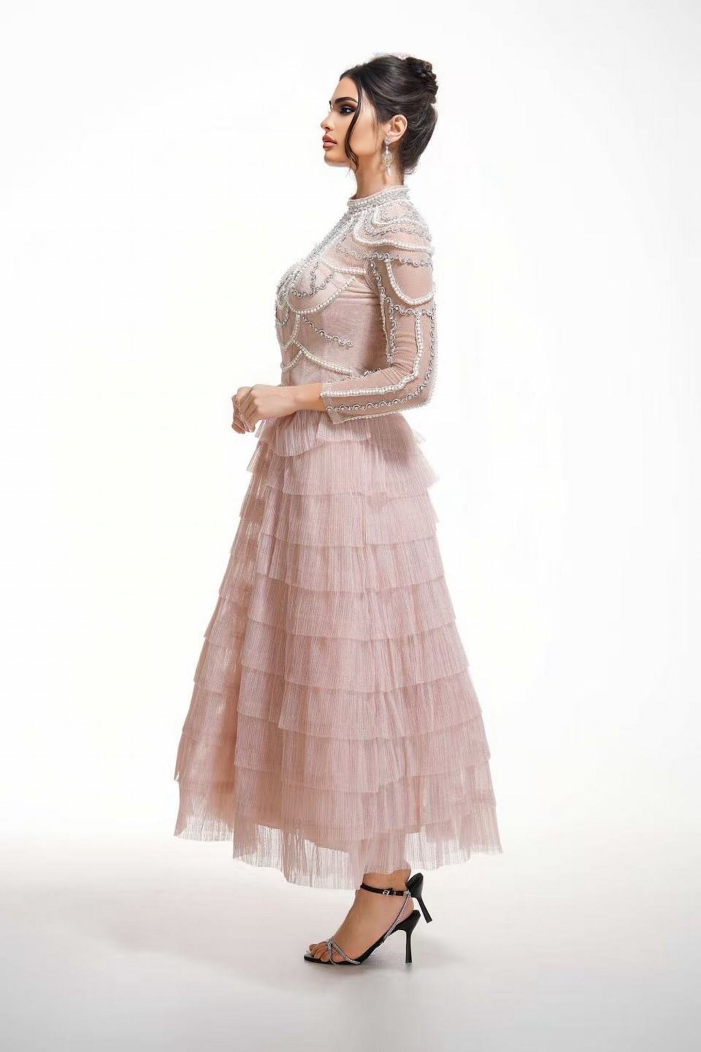 Blush Embellished Tiered Tulle Evening Dress