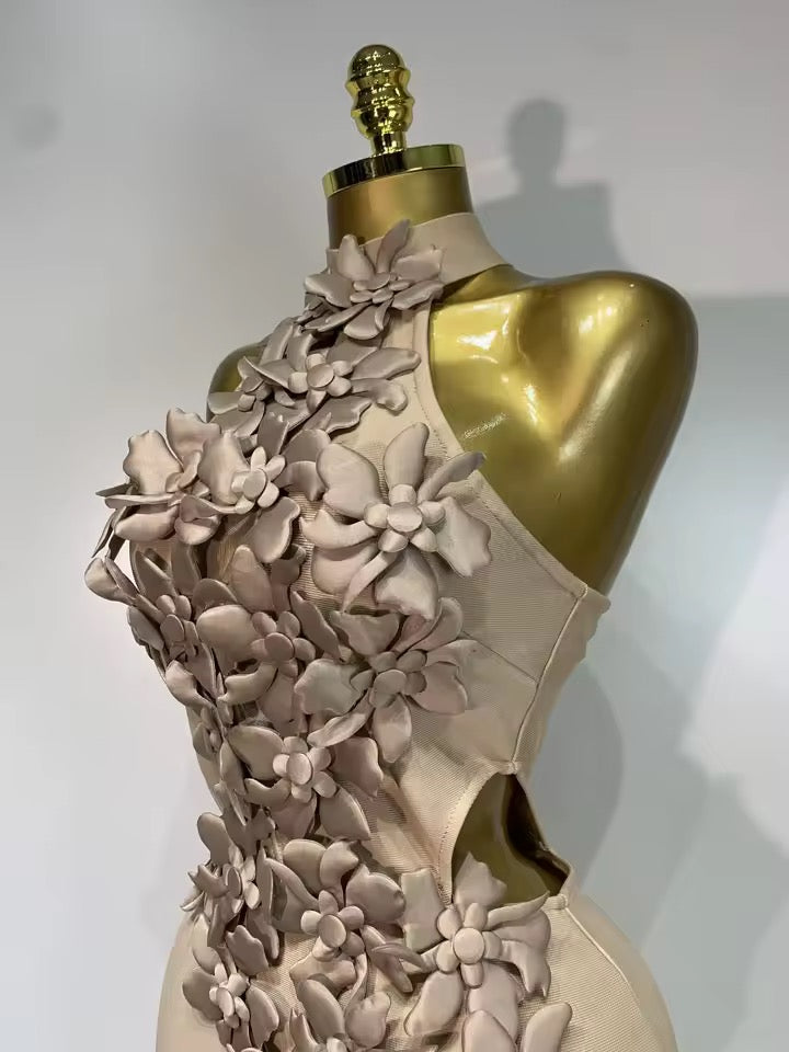 Floral Appliqué Halter Bandage Midi Dress