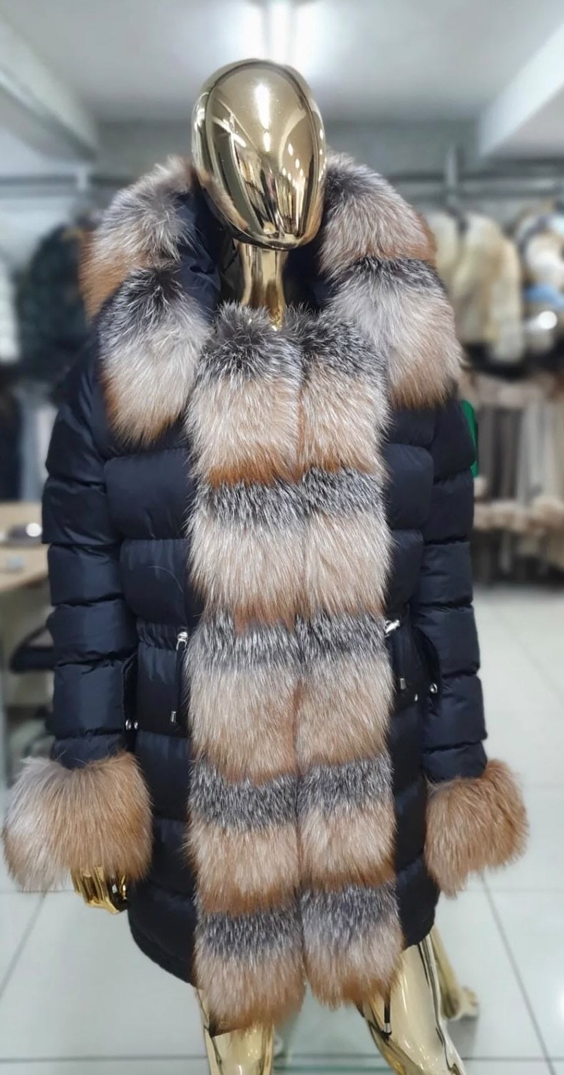 FOX FUR TRIM LONG DOWN JACKET IN BLACK