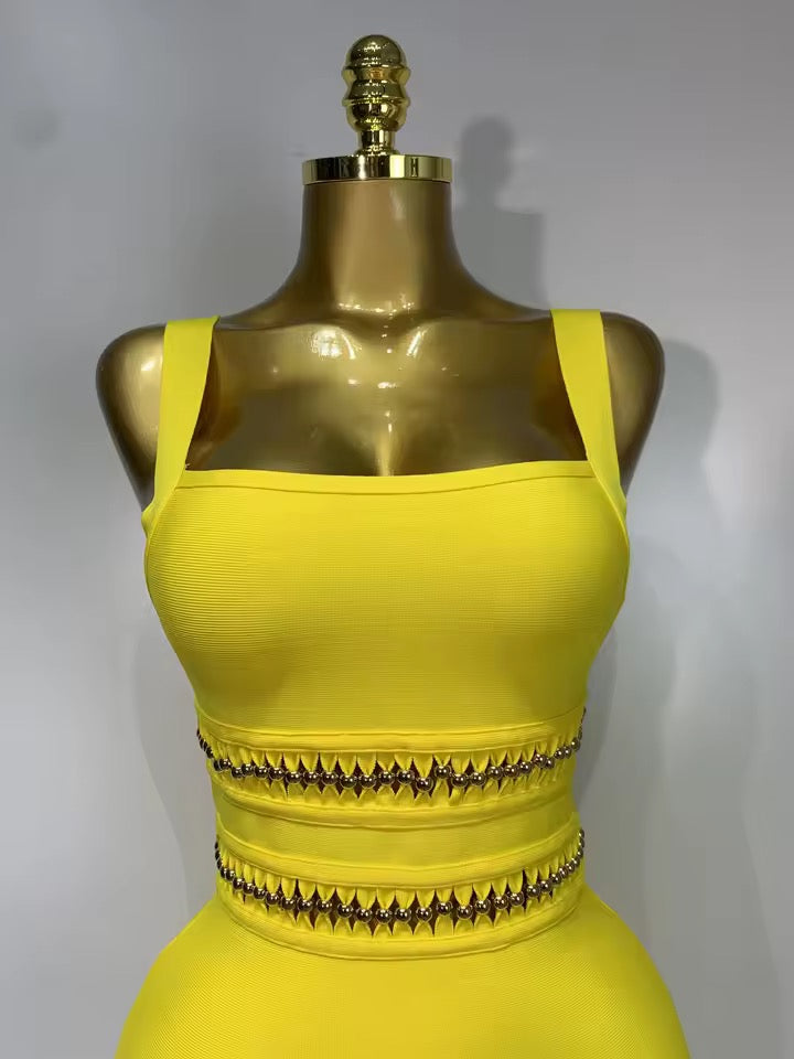 Yellow Fringe Bandage Maxi Dress