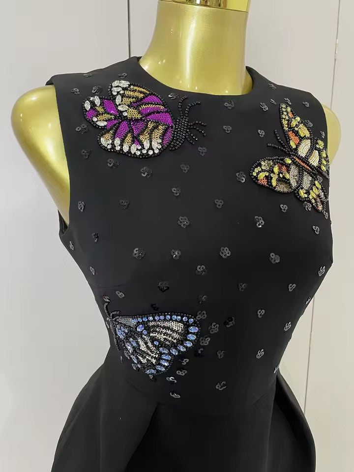 Embellished Black Mini Dress with Butterfly Appliqué