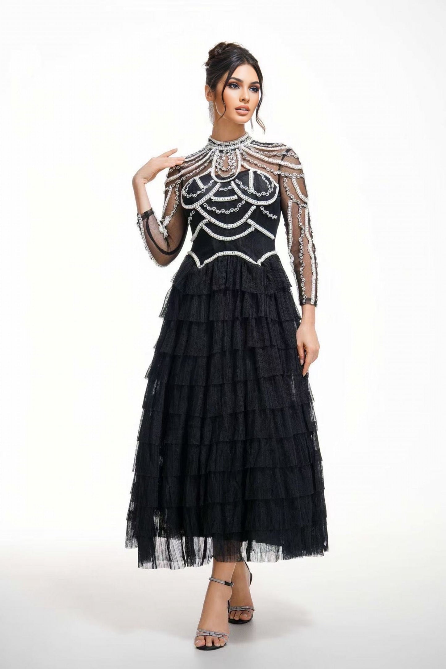 Black Embellished Tiered Tulle Evening Dress