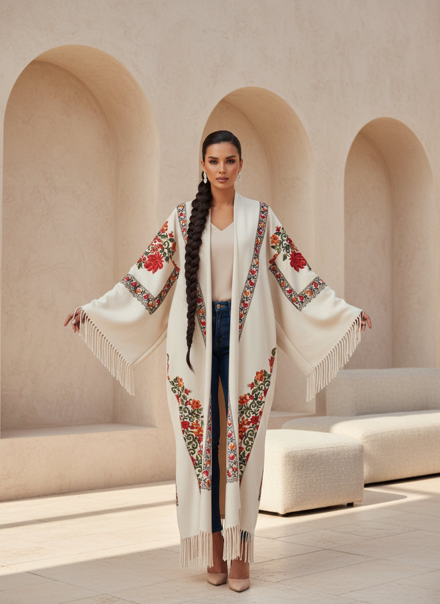 Ivory Wool Embroidered Abaya – Winter Collection