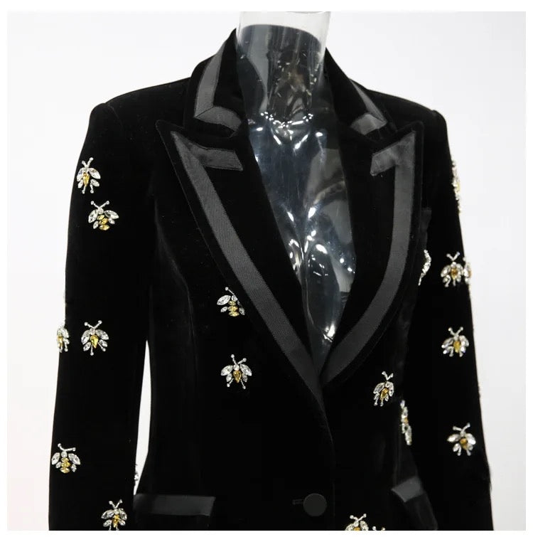 CRYSTAL EMBELLISHED BLACK VELVET BLAZER