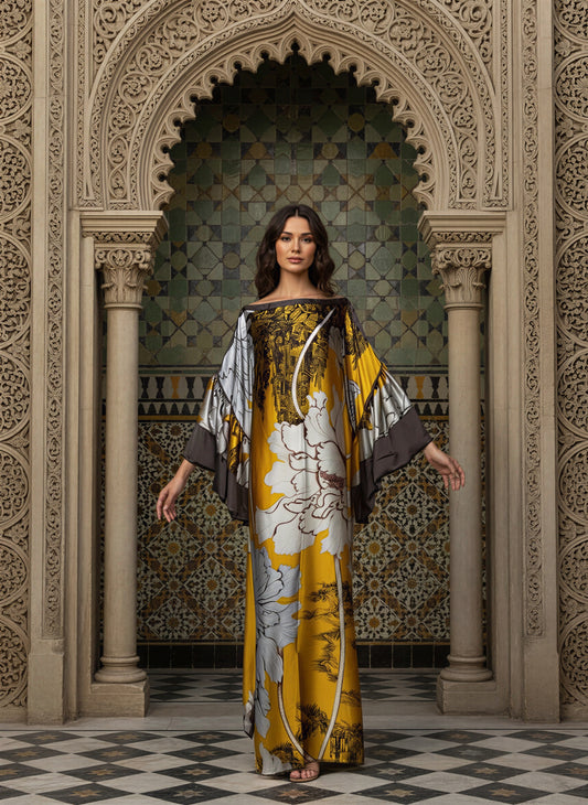 Layla Floral Silk Abaya in Mustard