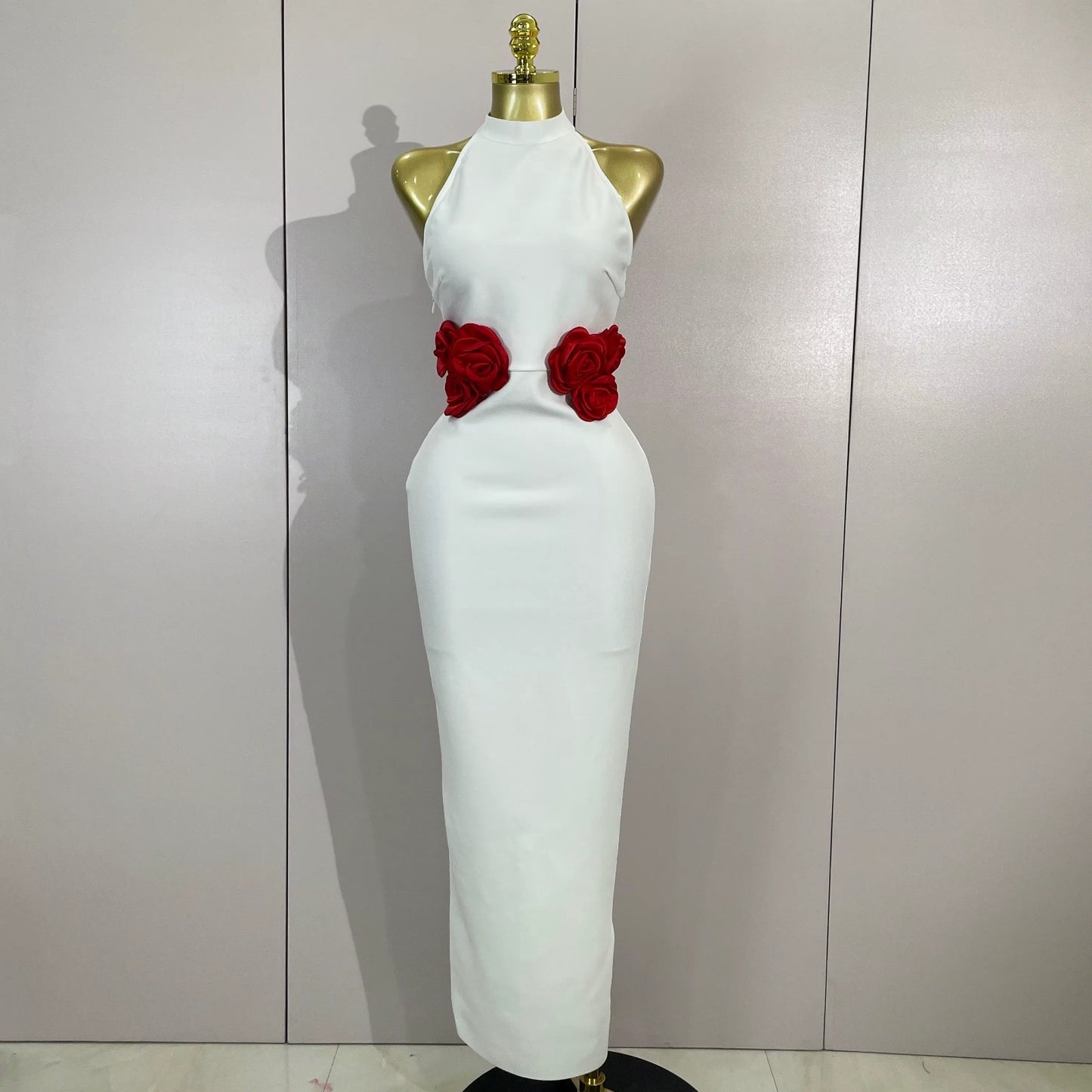 White Rose Detail Halter Midi Dress
