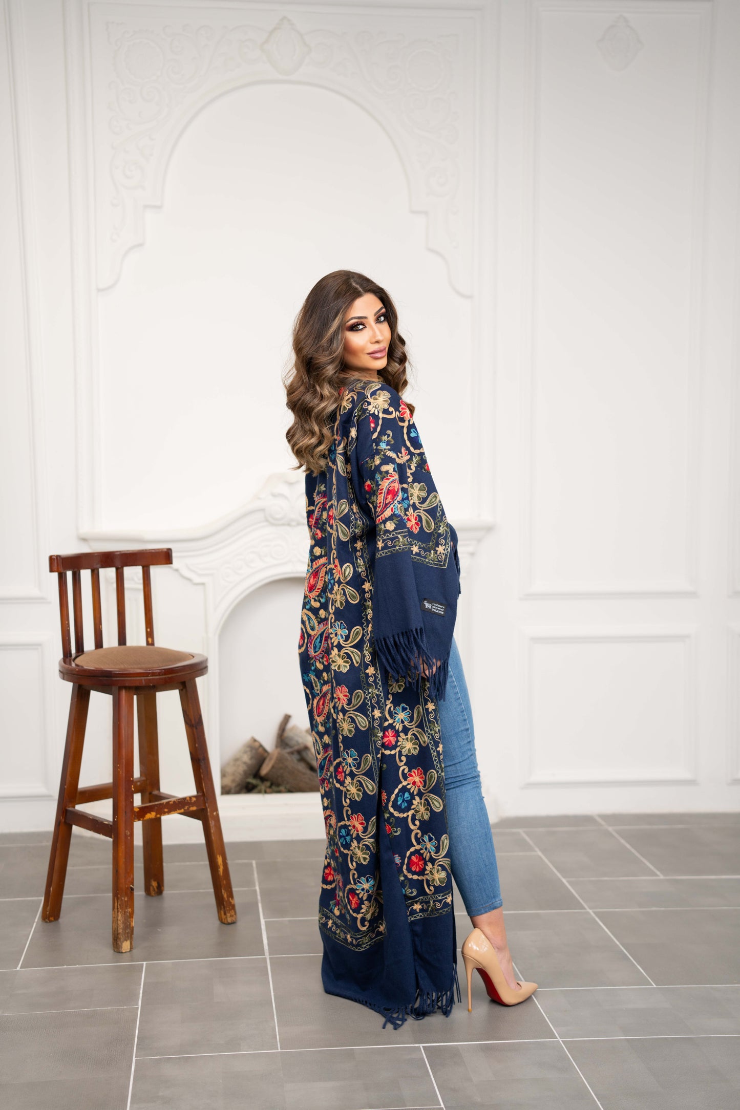 Embroidered Wool Abaya in Navy color