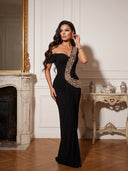 Black Crystal One-Shoulder Bandage Maxi Dress – Luxury Evening Gown