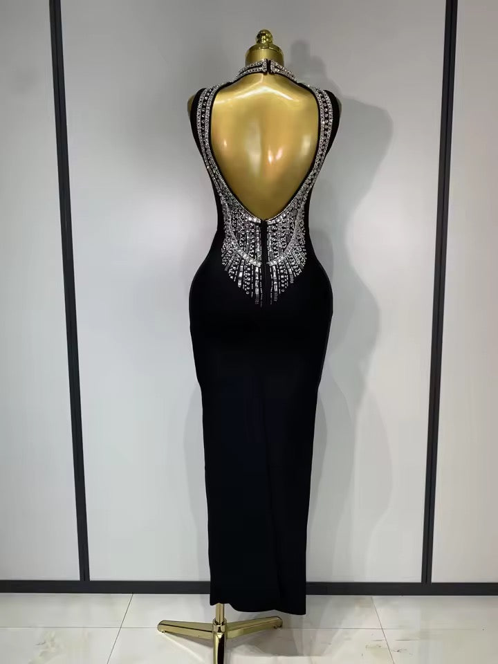 Embellished Open-Back Bandage Midi Dress