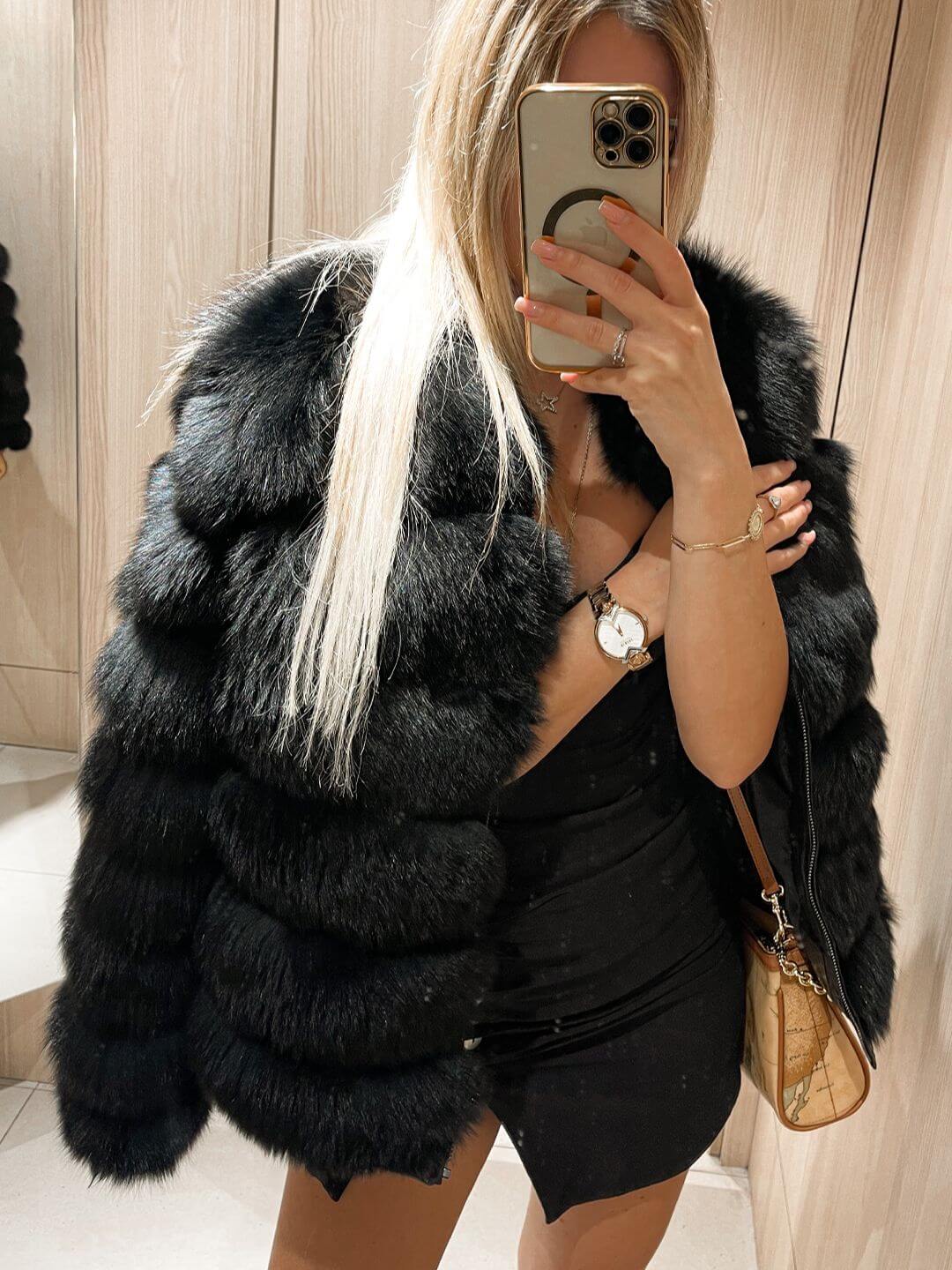 BLACK CHIC FOX FUR GENUINE LEATHER JACKET