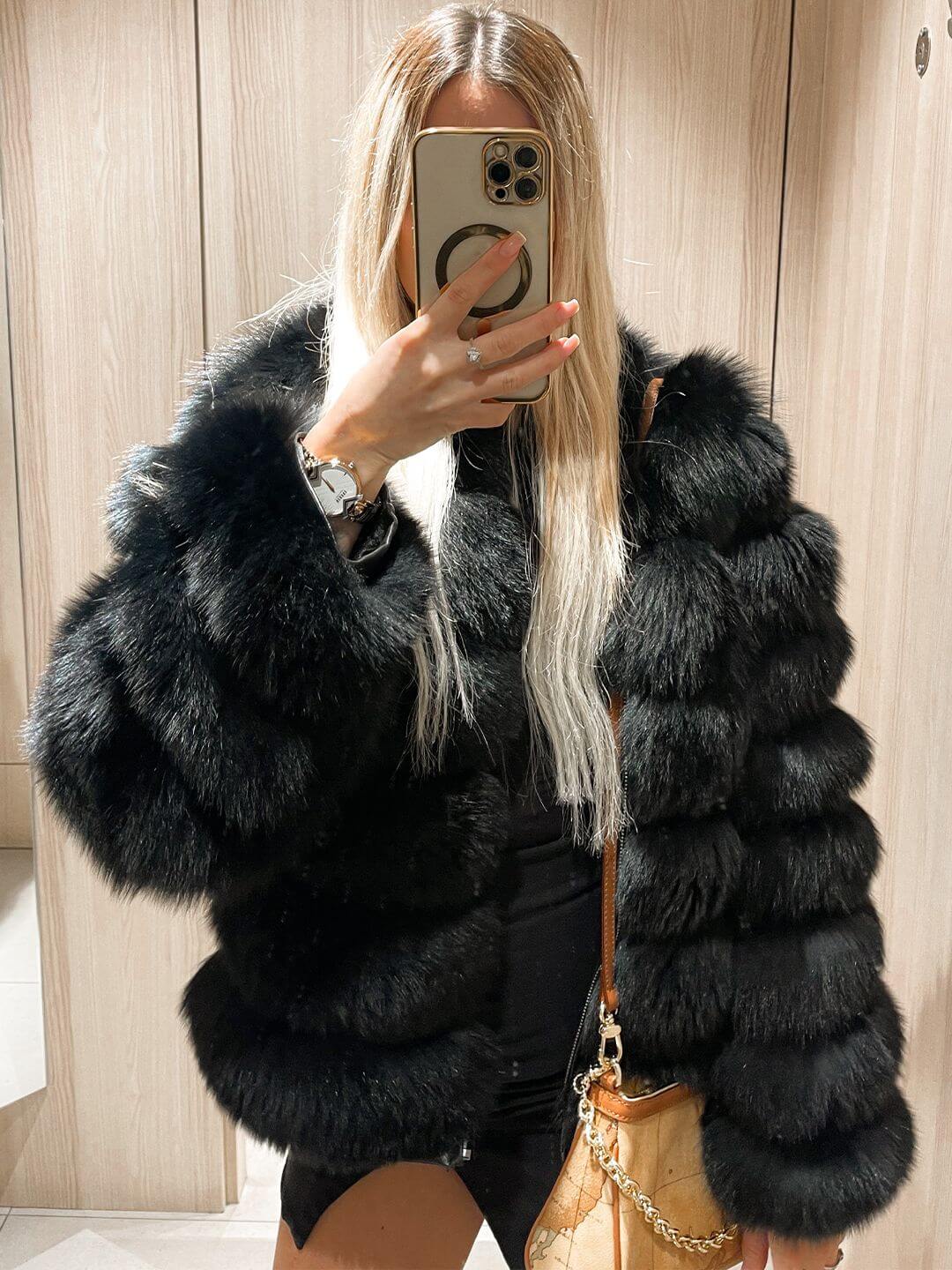 BLACK CHIC FOX FUR GENUINE LEATHER JACKET