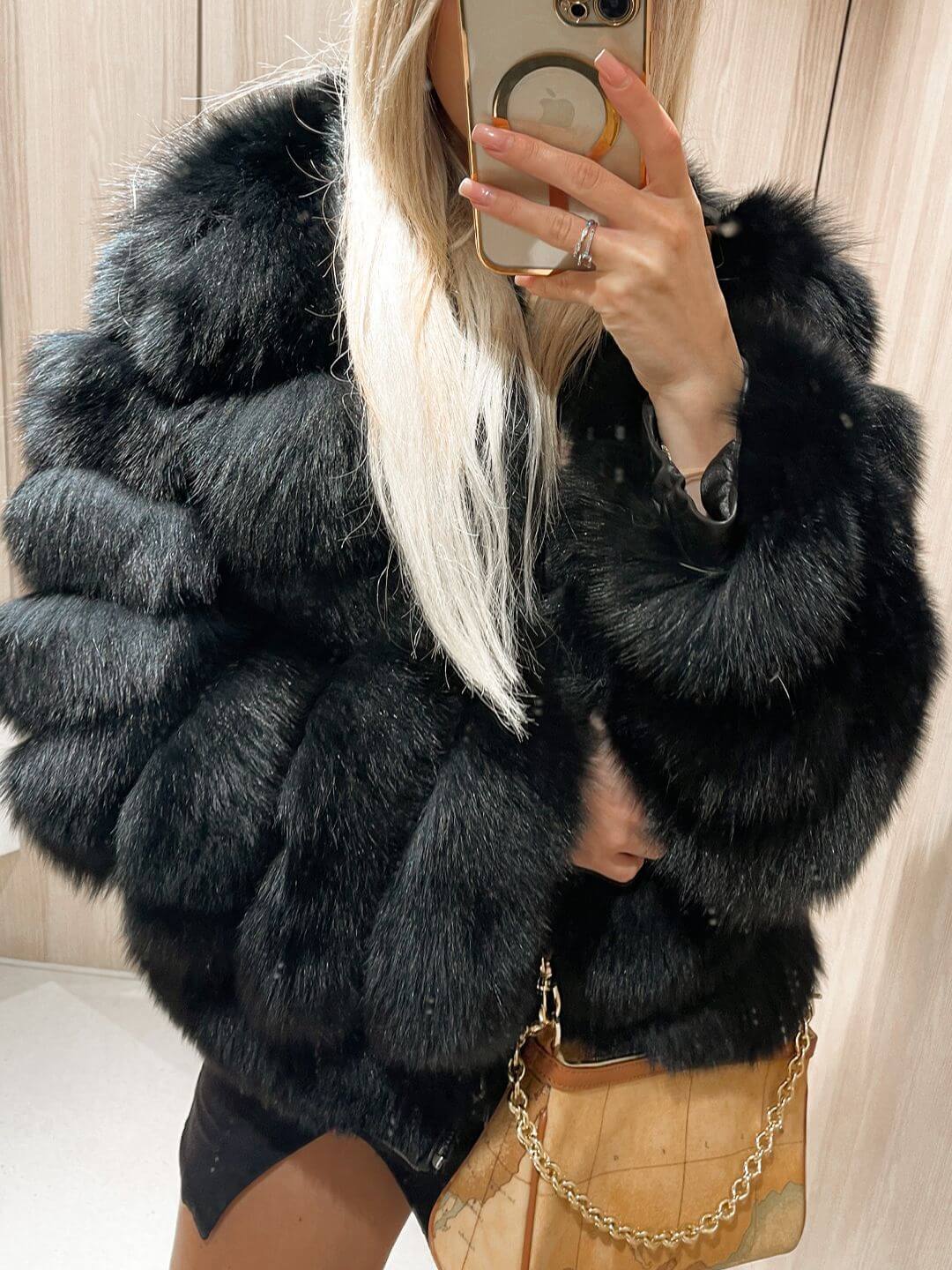 BLACK CHIC FOX FUR GENUINE LEATHER JACKET