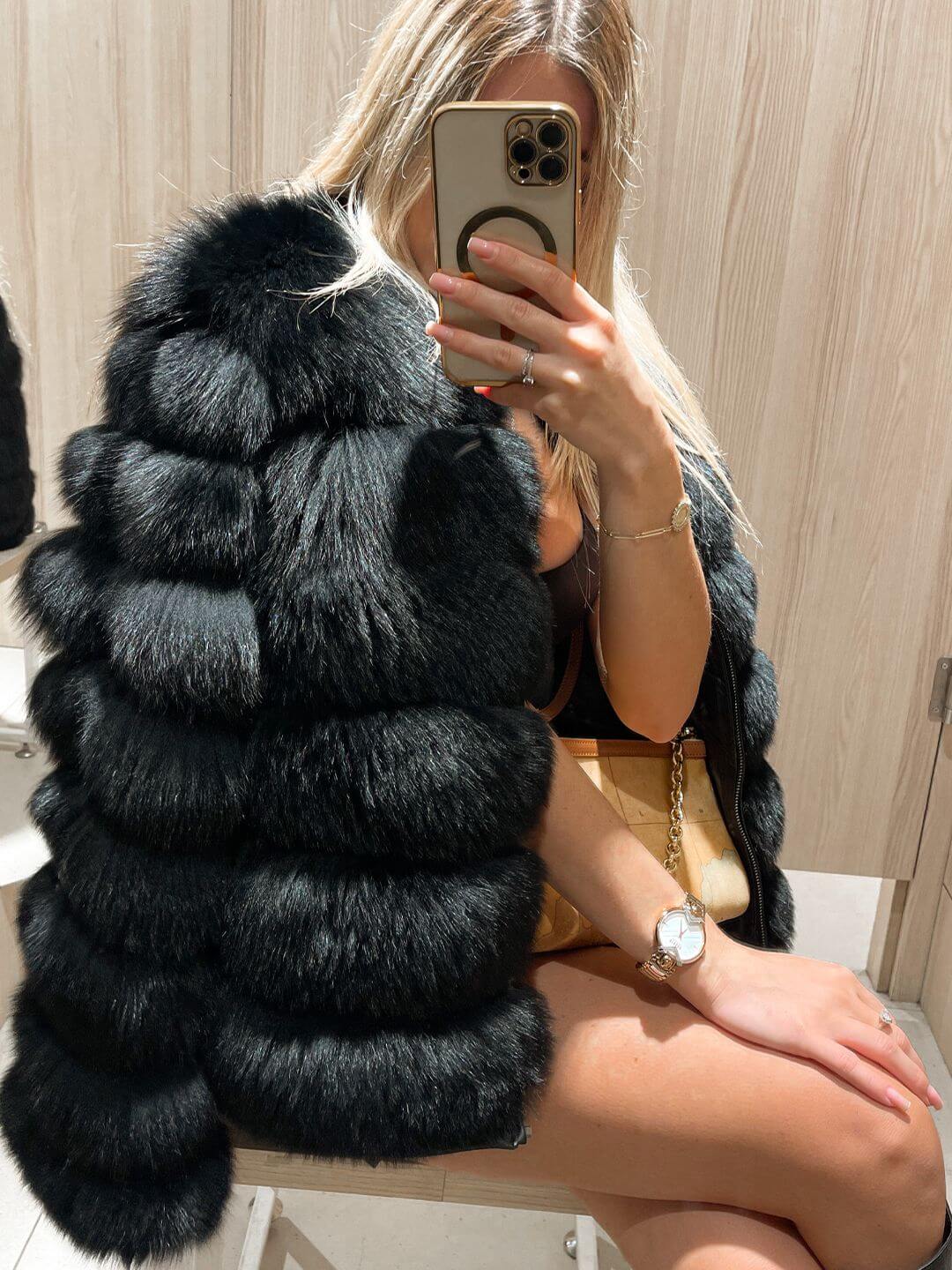 BLACK CHIC FOX FUR GENUINE LEATHER JACKET