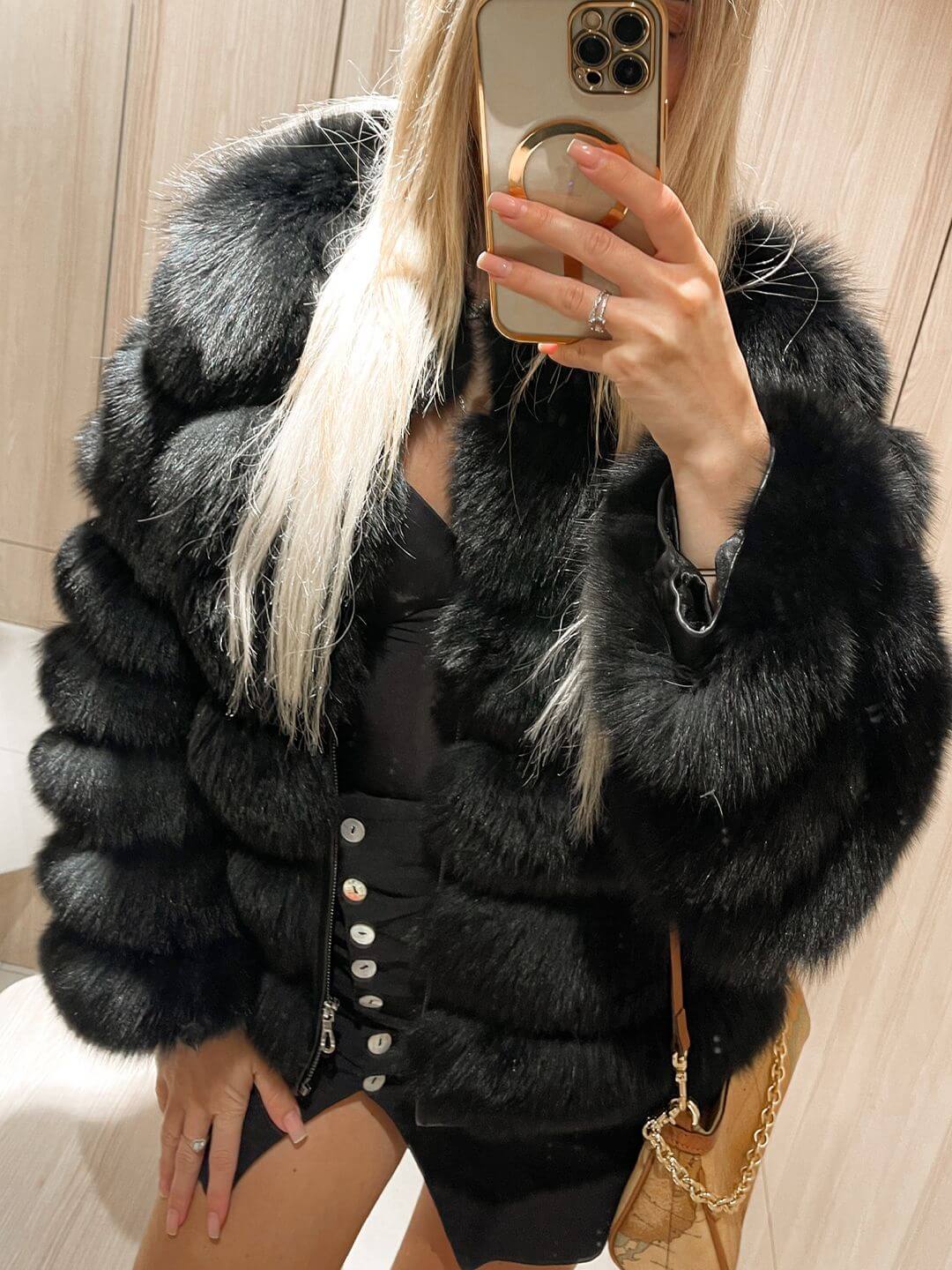 BLACK CHIC FOX FUR GENUINE LEATHER JACKET