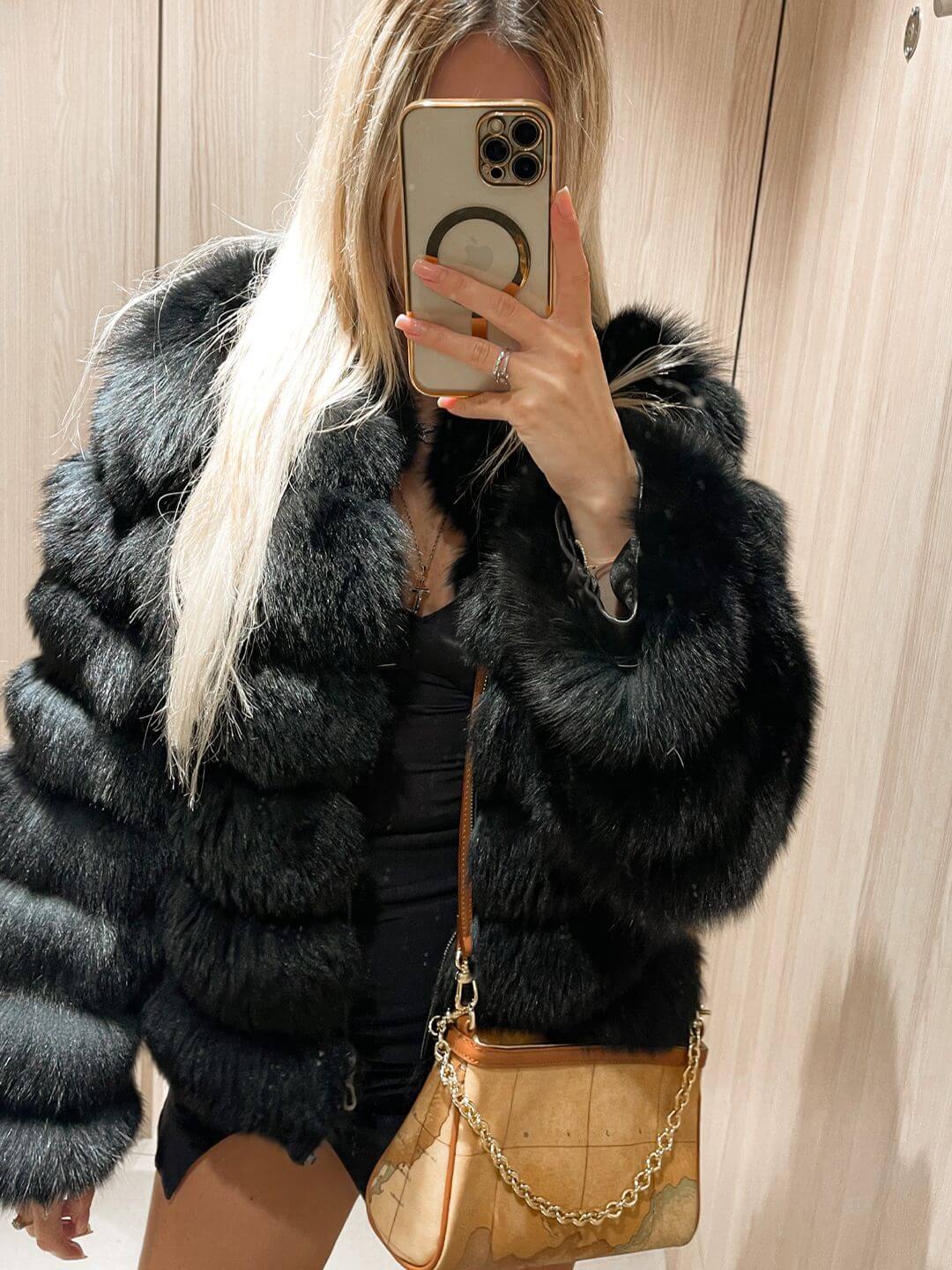 BLACK CHIC FOX FUR GENUINE LEATHER JACKET