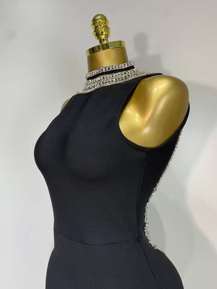 Embellished Open-Back Bandage Midi Dress