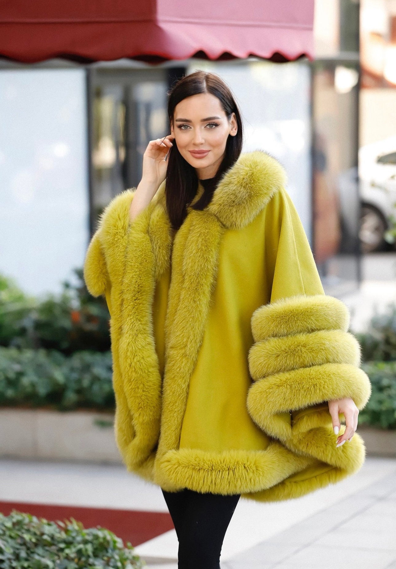 FOX FUR CASHMERE PONCHO IN MUSTARD