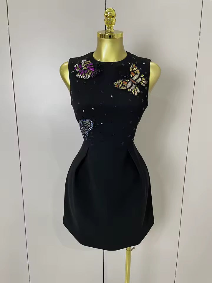 Embellished Black Mini Dress with Butterfly Appliqué
