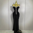Crystal Embellished Off-Shoulder Maxi Dress – Black
