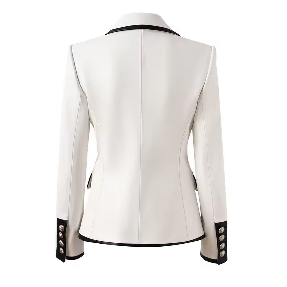 White Tailored Leather-Trim Blazer Jacket for Women