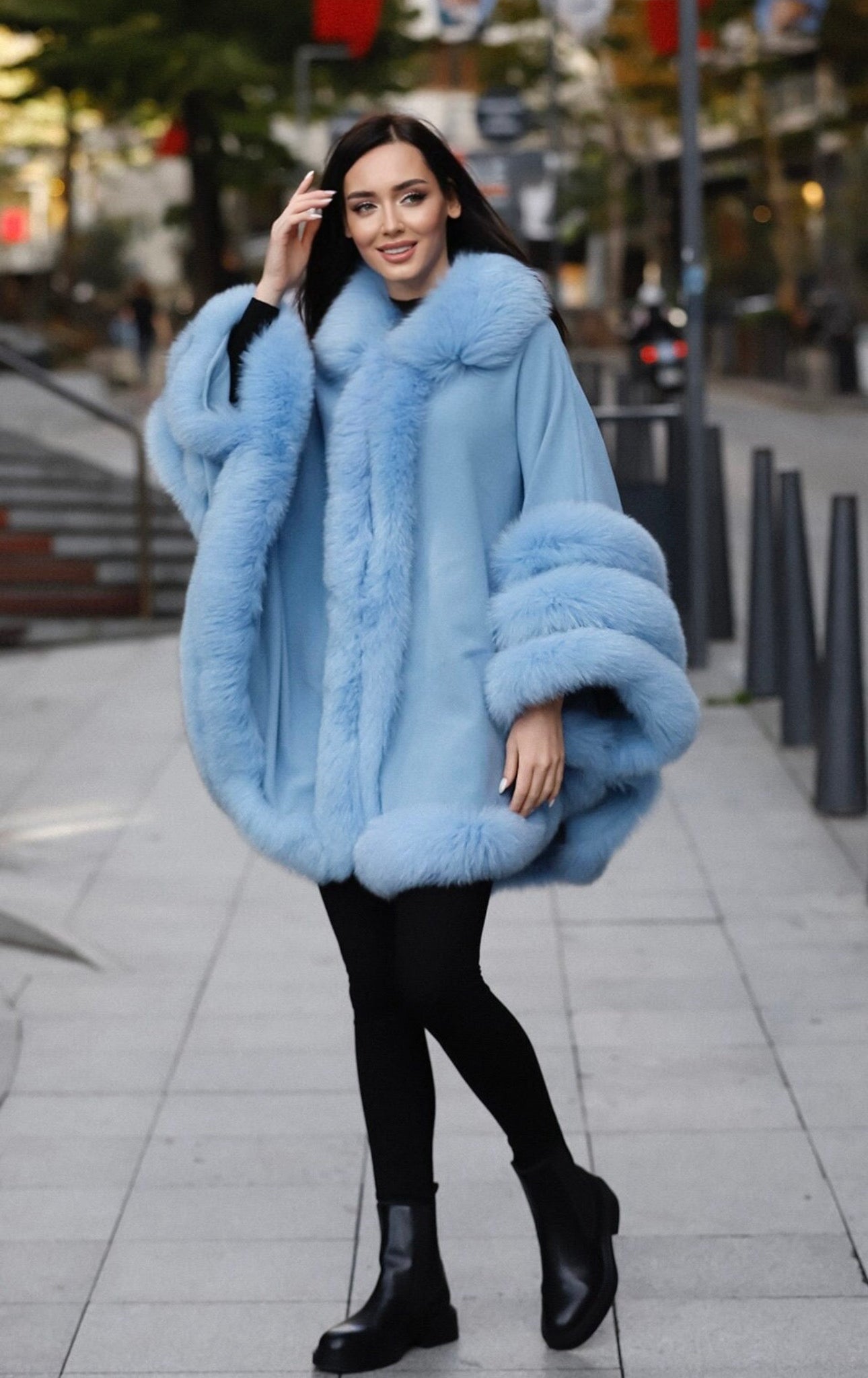 FOX FUR CASHMERE PONCHO IN SKY BLUE