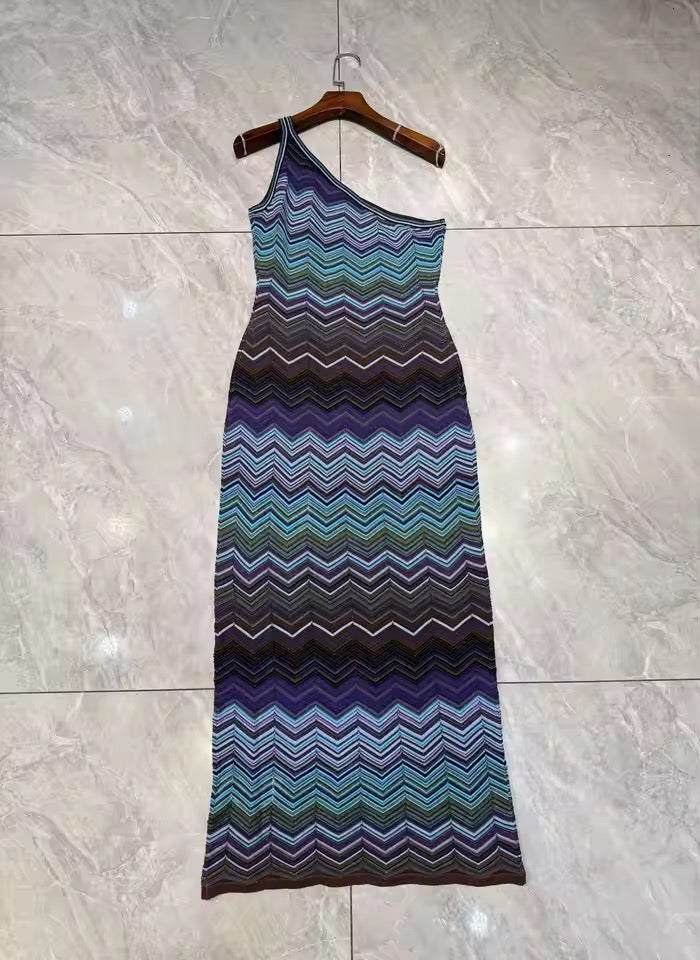 One Shoulder Chevron Knit Maxi Dress – Midnight Multi Blue