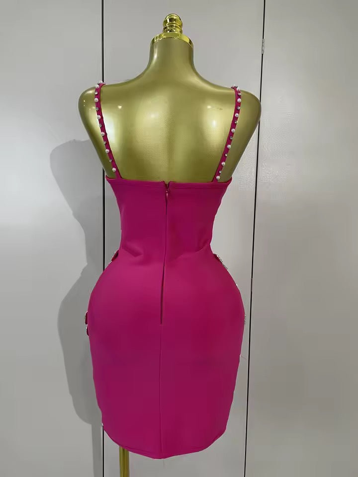 Hot Pink Pearl & Crystal Bow Mini Dress