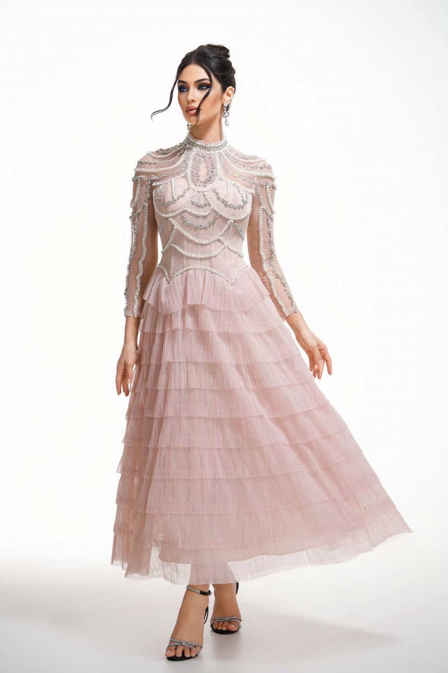 Blush Embellished Tiered Tulle Evening Dress