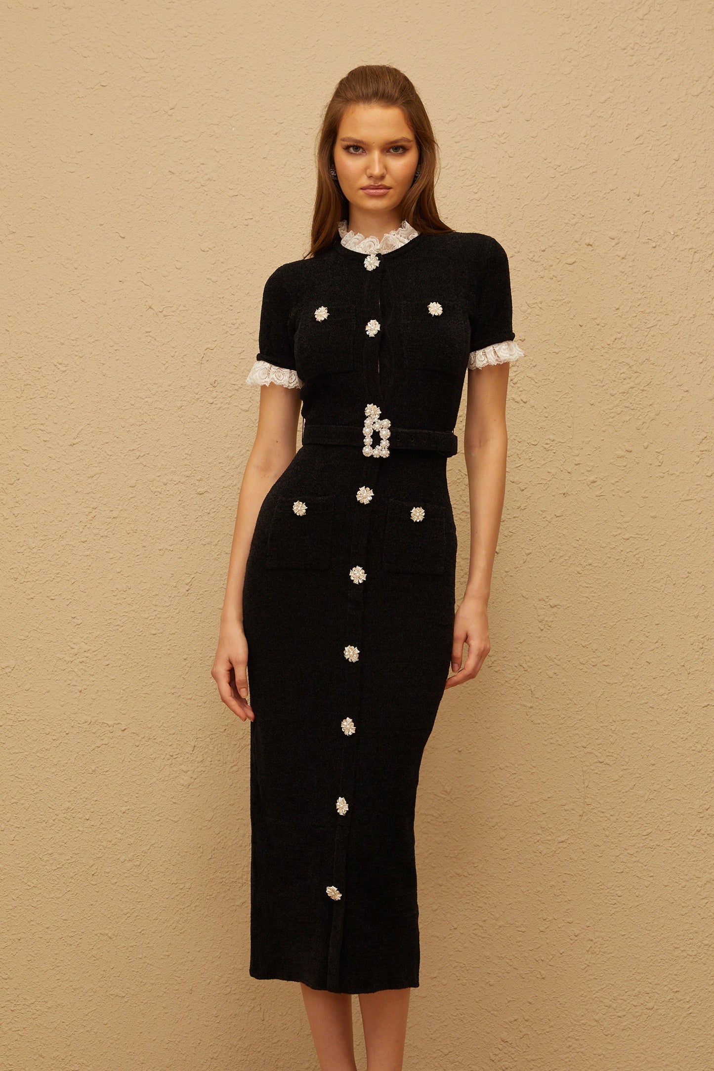 Black Pearl-Embellished Knit Midi Dress