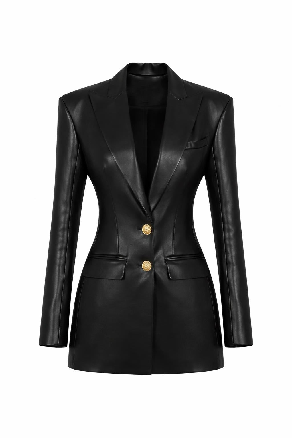 Classic PU Notched Blazer – Black Slim Fit