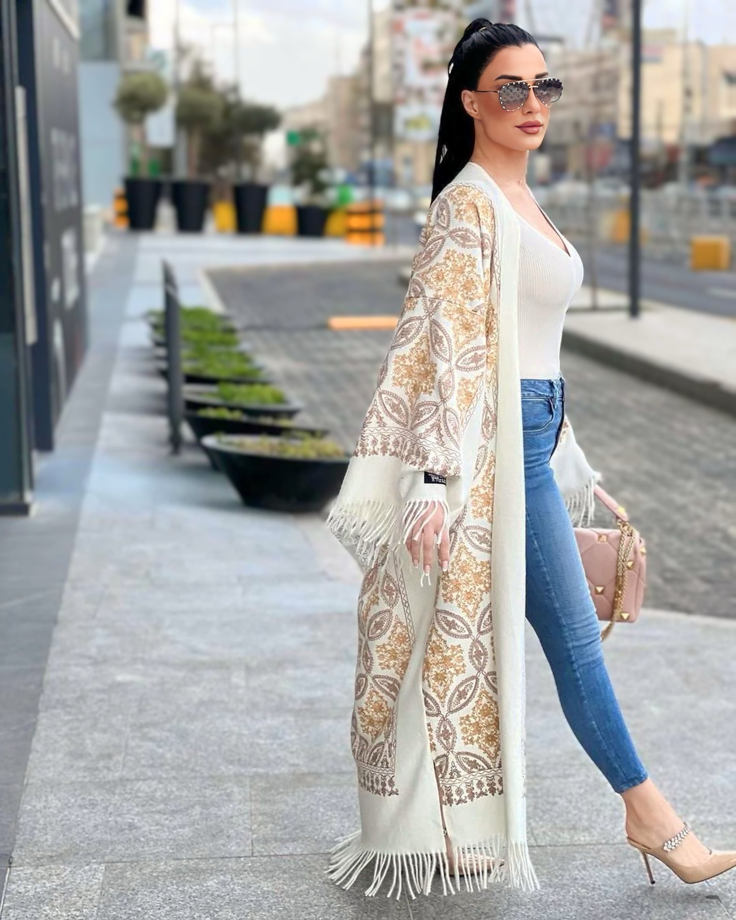 Embroidered Wool Abaya in White