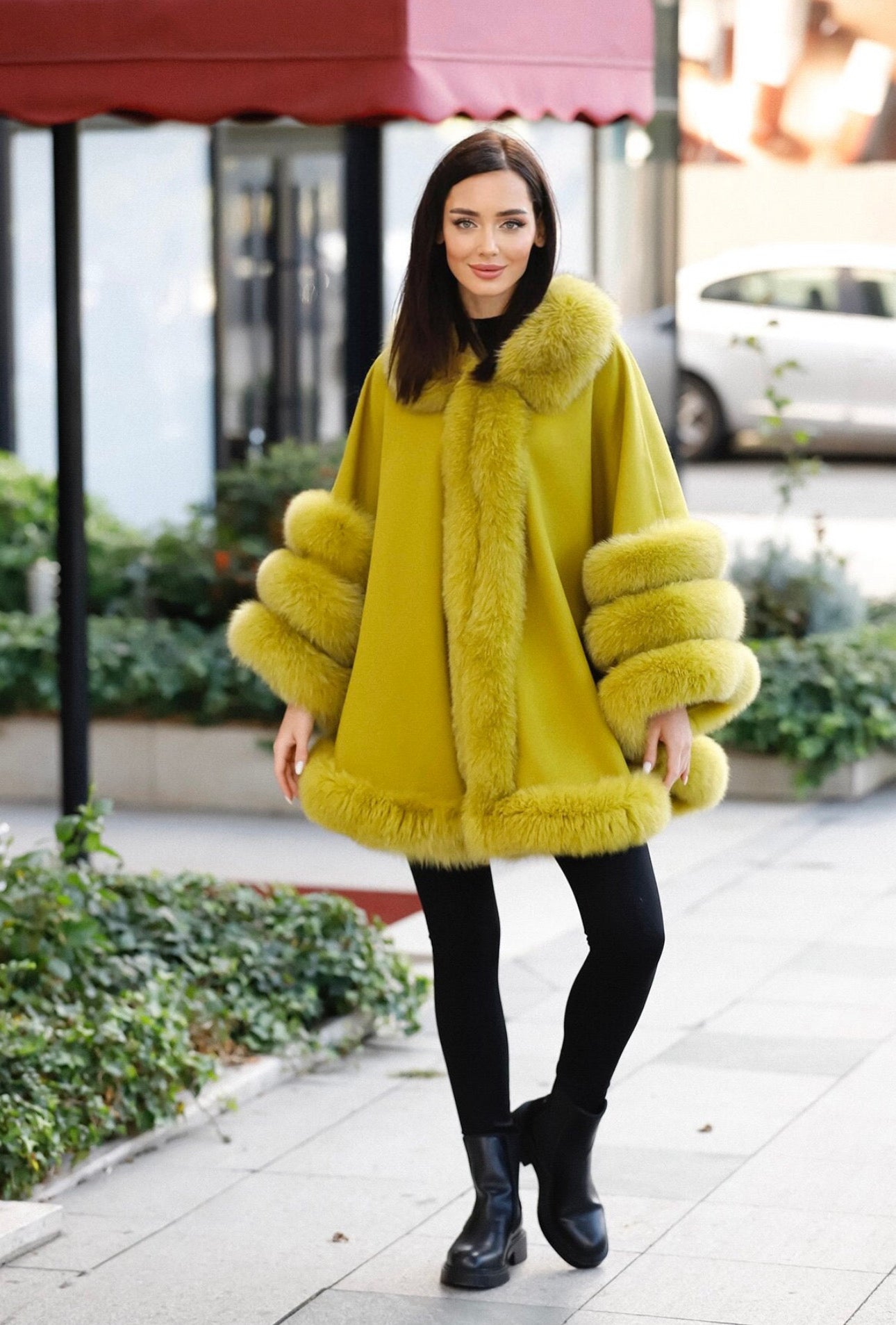 FOX FUR CASHMERE PONCHO IN MUSTARD