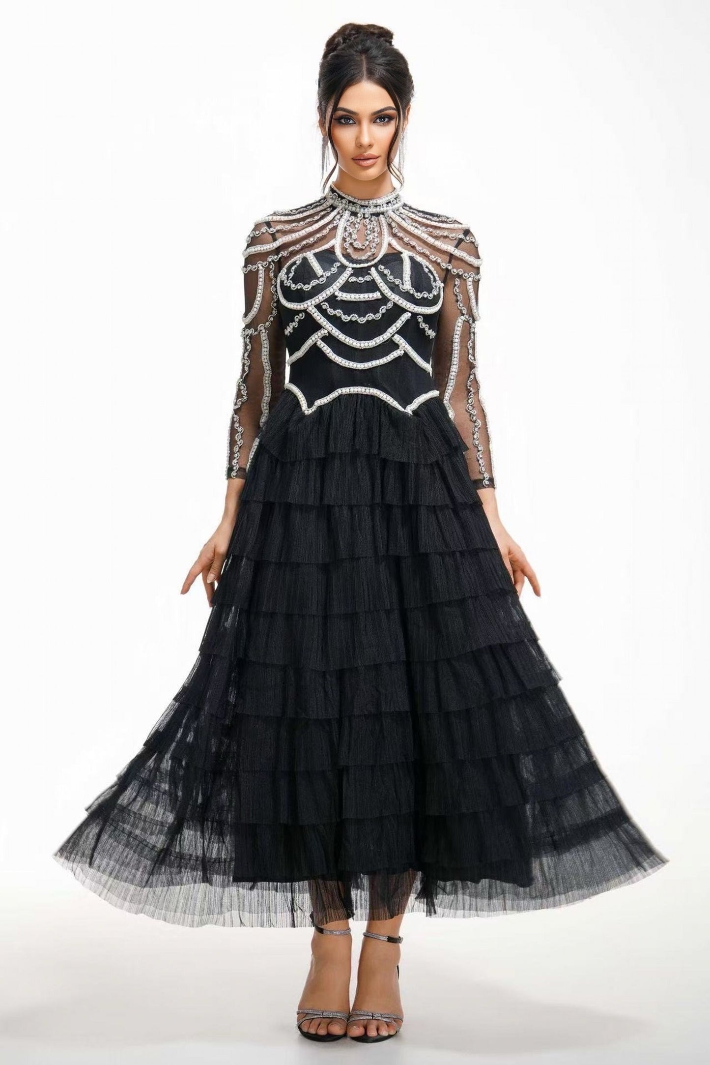 Black Embellished Tiered Tulle Evening Dress