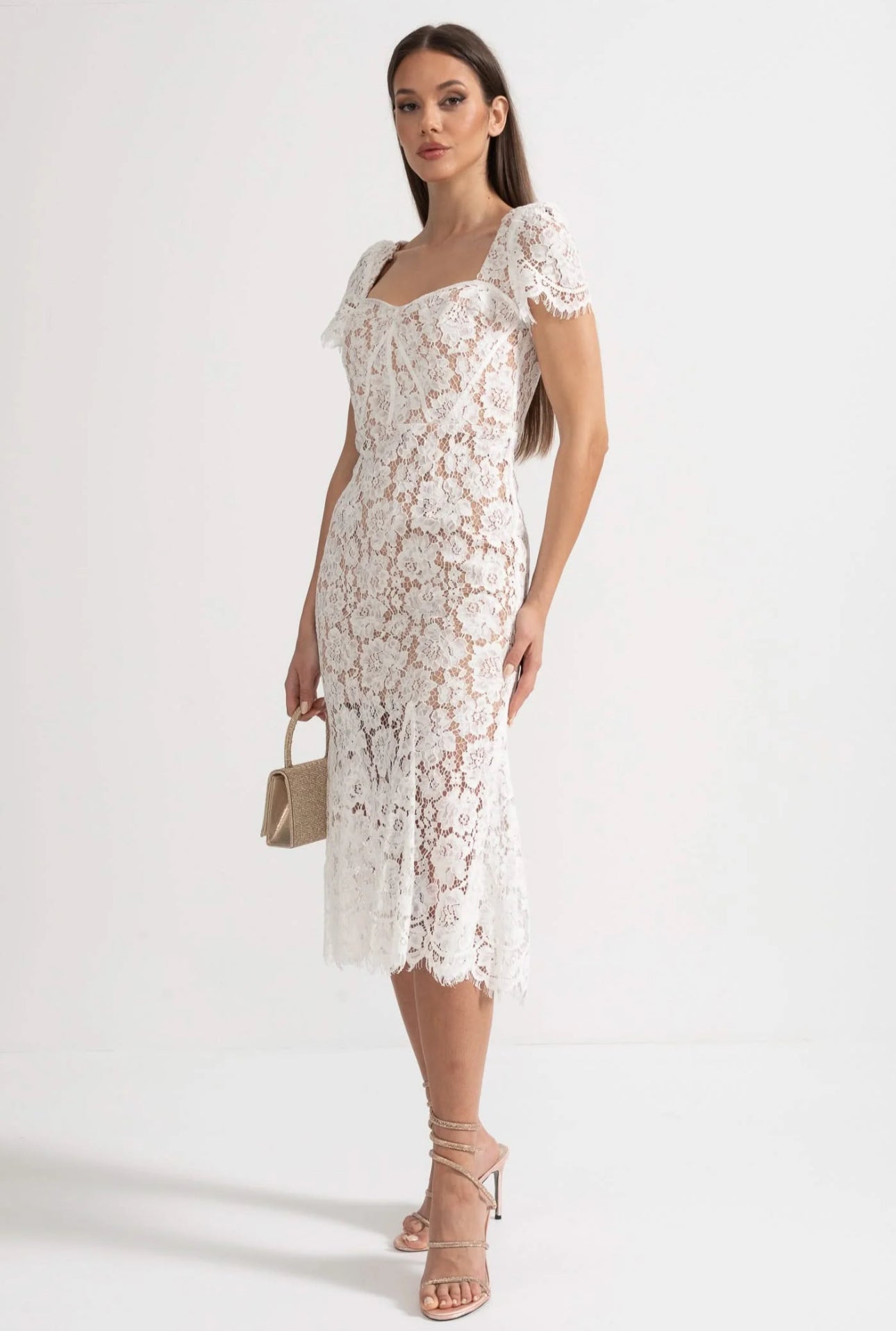 White Floral Lace Midi Dress