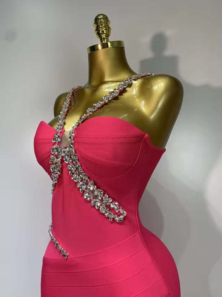 Crystal-Embellished Bandage Midi Dress