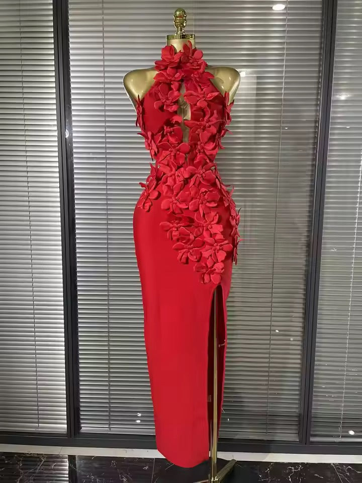 Red Floral Appliqué Midi Dress