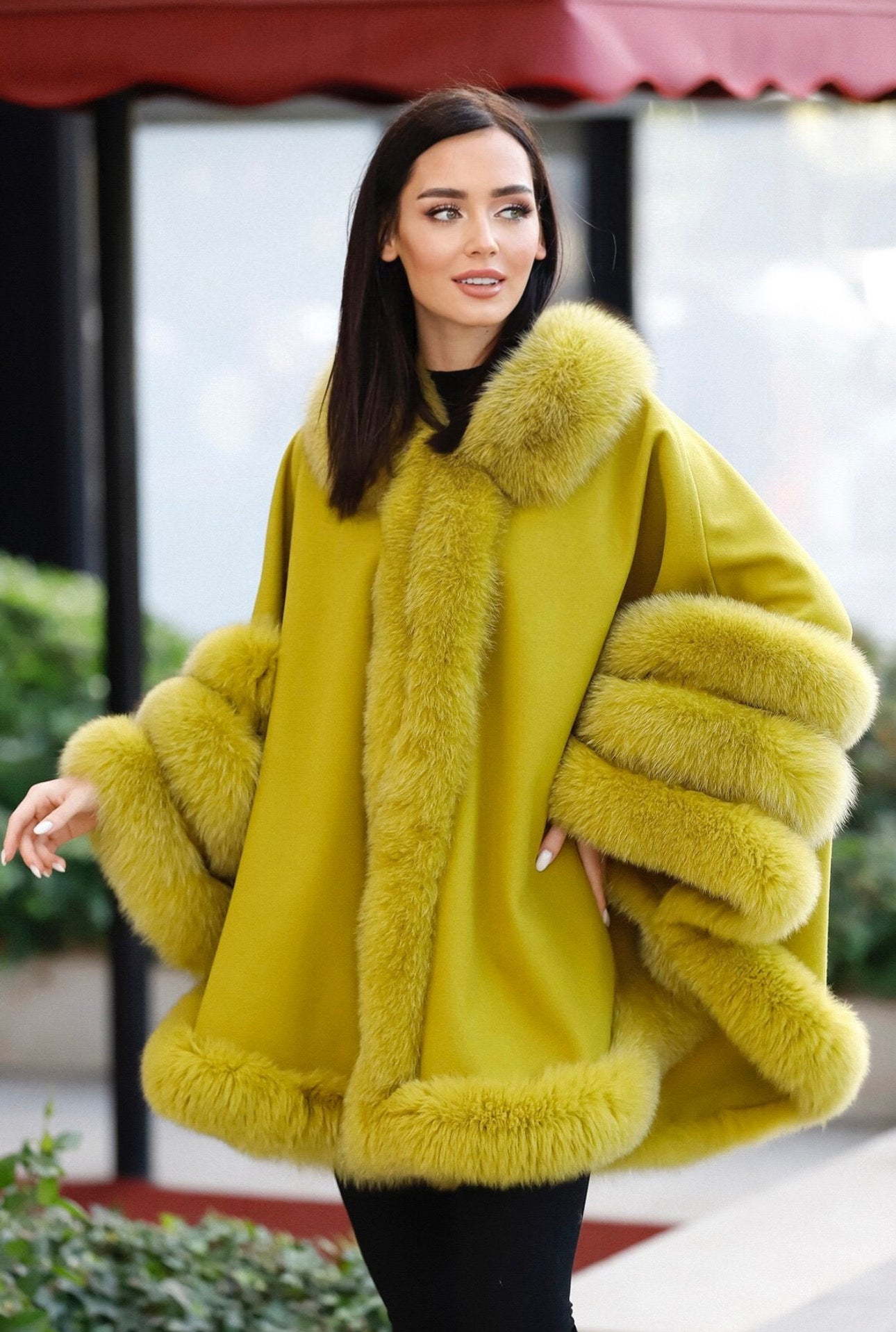 FOX FUR CASHMERE PONCHO IN MUSTARD