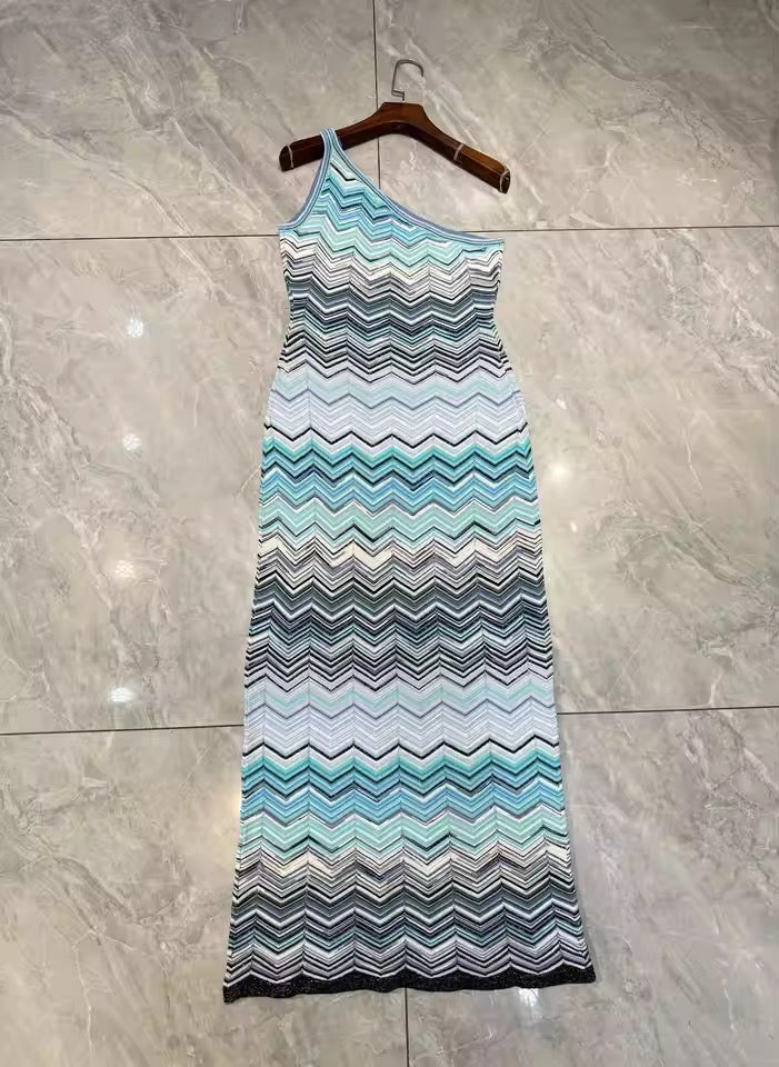 One Shoulder Chevron Knit Maxi Dress – Sky Blue