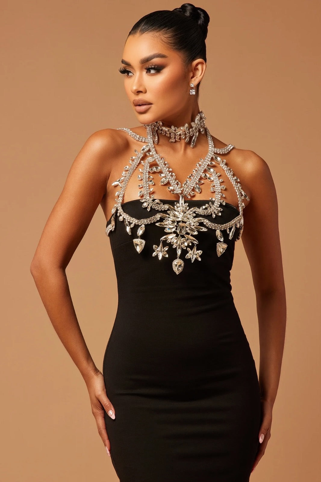 Jeweled Midi Evening Dress