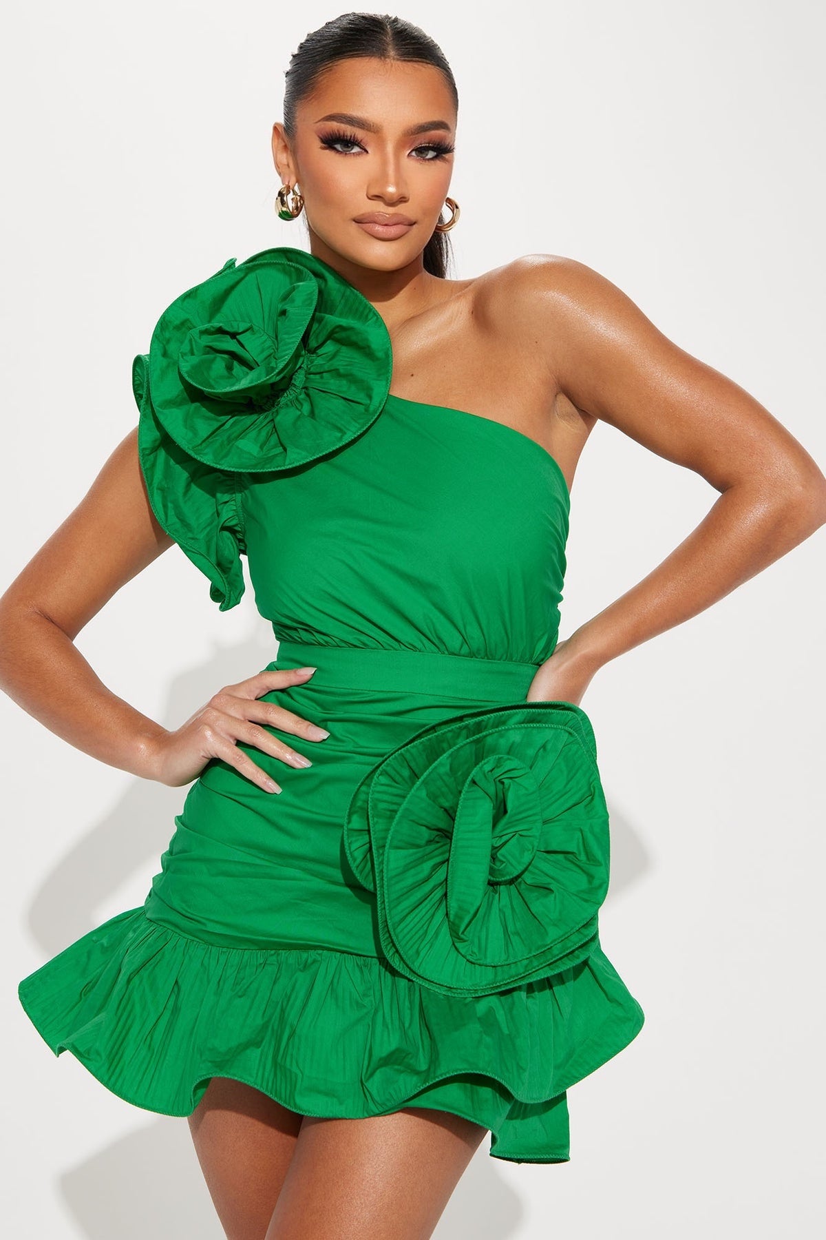 Emerald One-Shoulder Rosette Mini Dress
