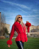 CÁRDIGAN CORTO DE PUNTO Y CASHMERE DE PIEL DE ZORRO EN ROJO