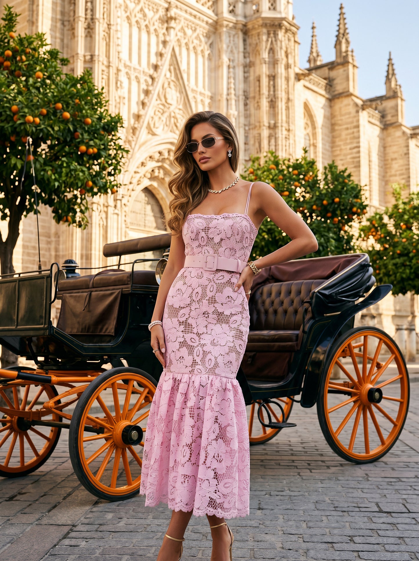 Pink Floral Lace Belted Midi Dress