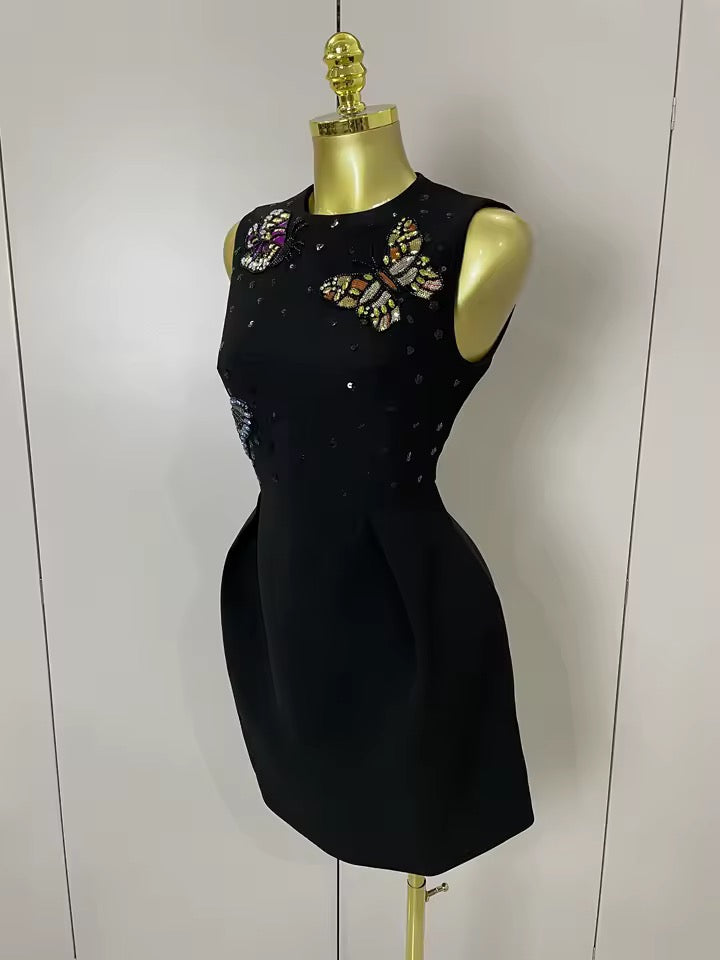 Embellished Black Mini Dress with Butterfly Appliqué