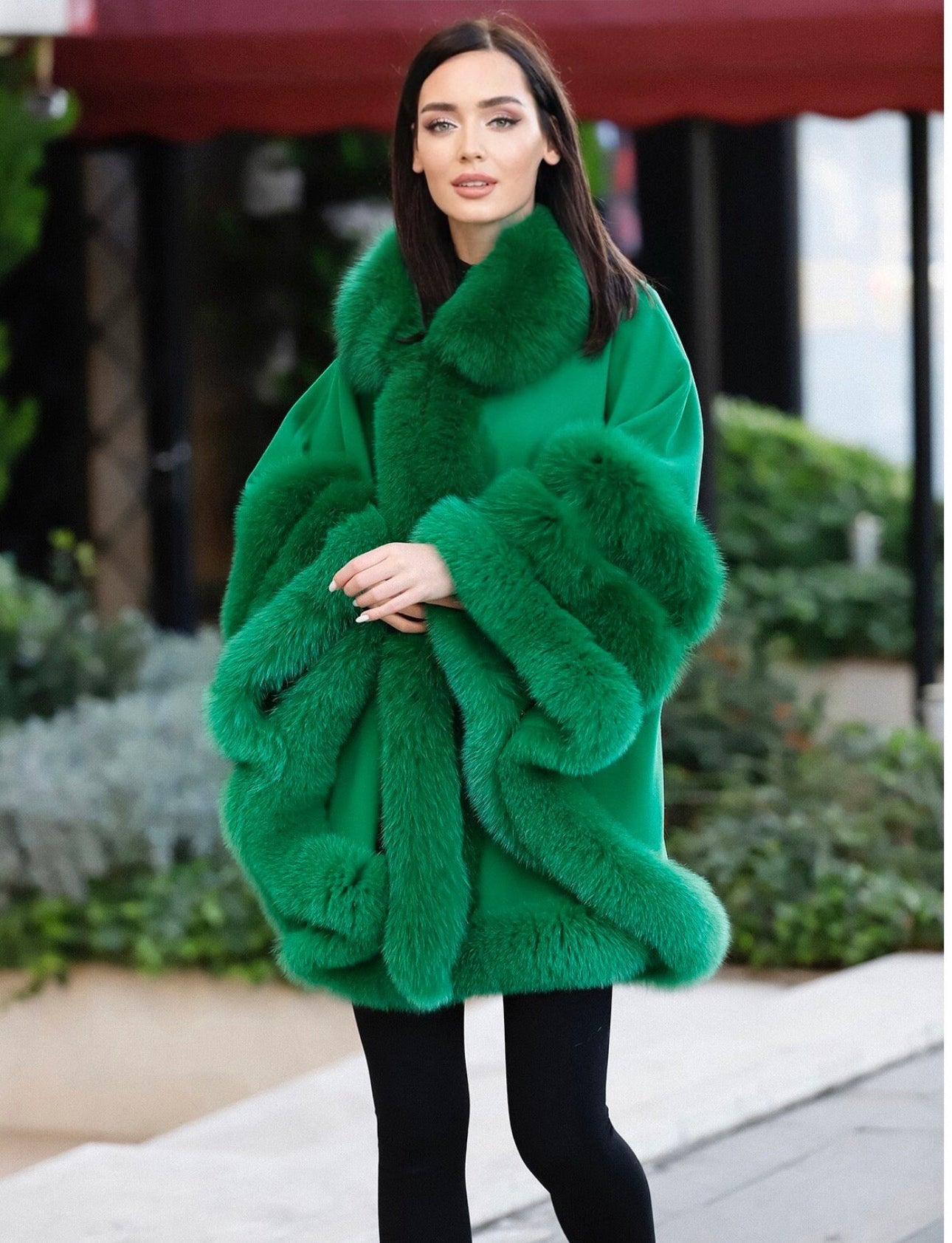 FOX FUR CASHMERE PONCHO IN GREEN