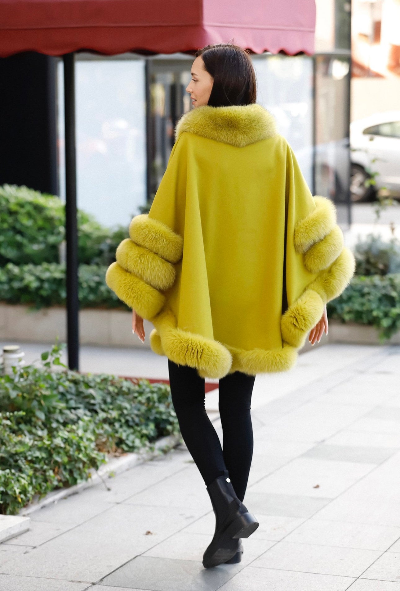 FOX FUR CASHMERE PONCHO IN MUSTARD