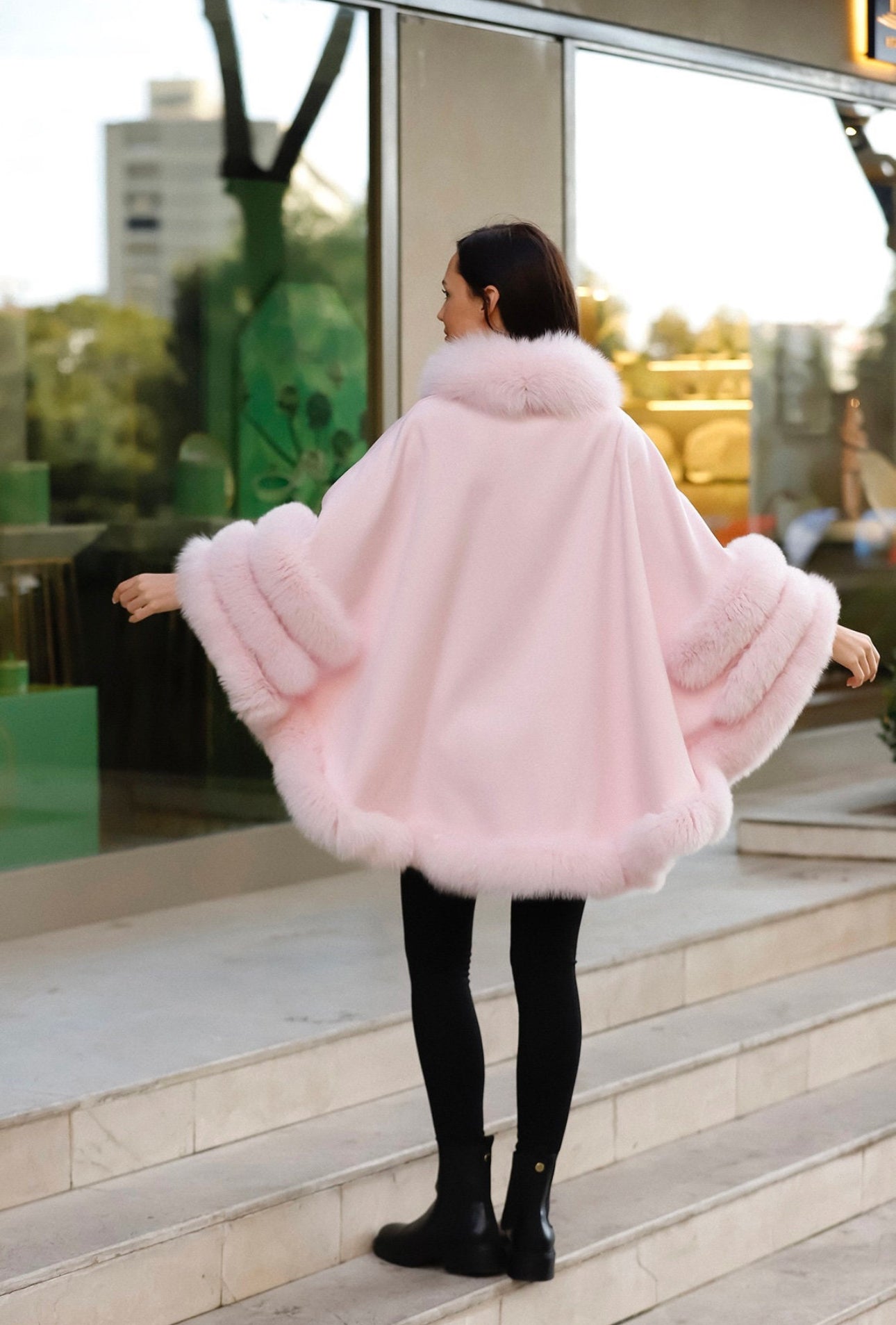 FOX FUR CASHMERE PONCHO IN PINK