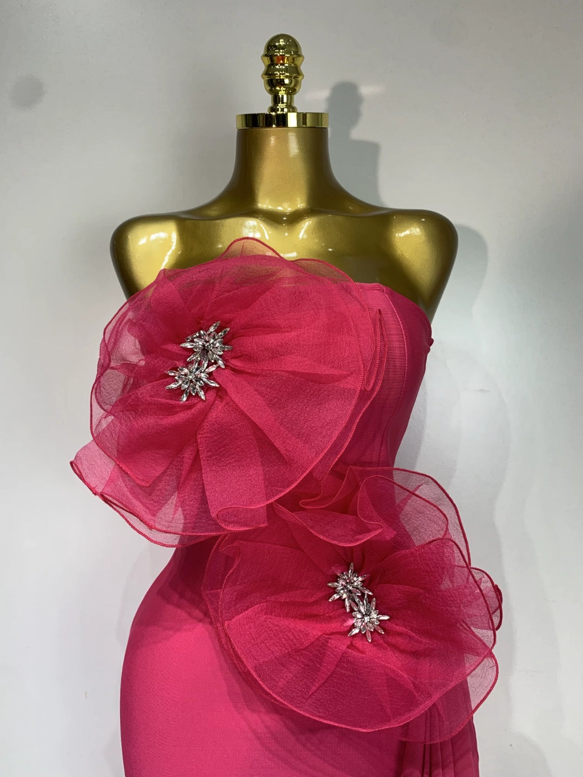 Hot Pink Bandage Midi Dress with Chiffon Floral Details