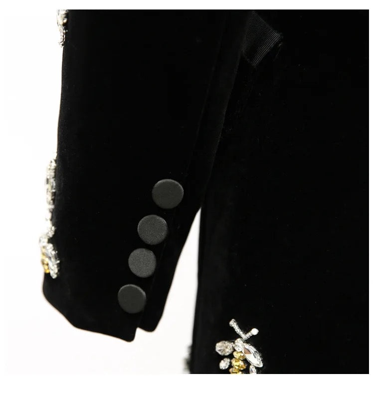 CRYSTAL EMBELLISHED BLACK VELVET BLAZER