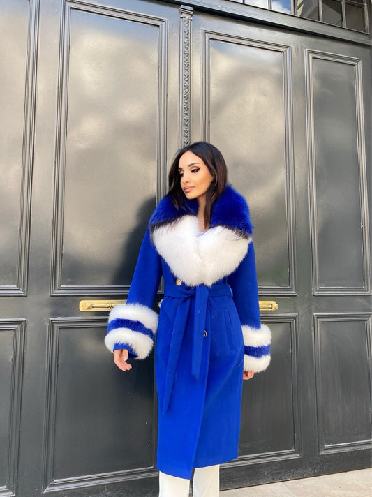 FOX FUR CASHMERE COAT IN ROYAL BLUE