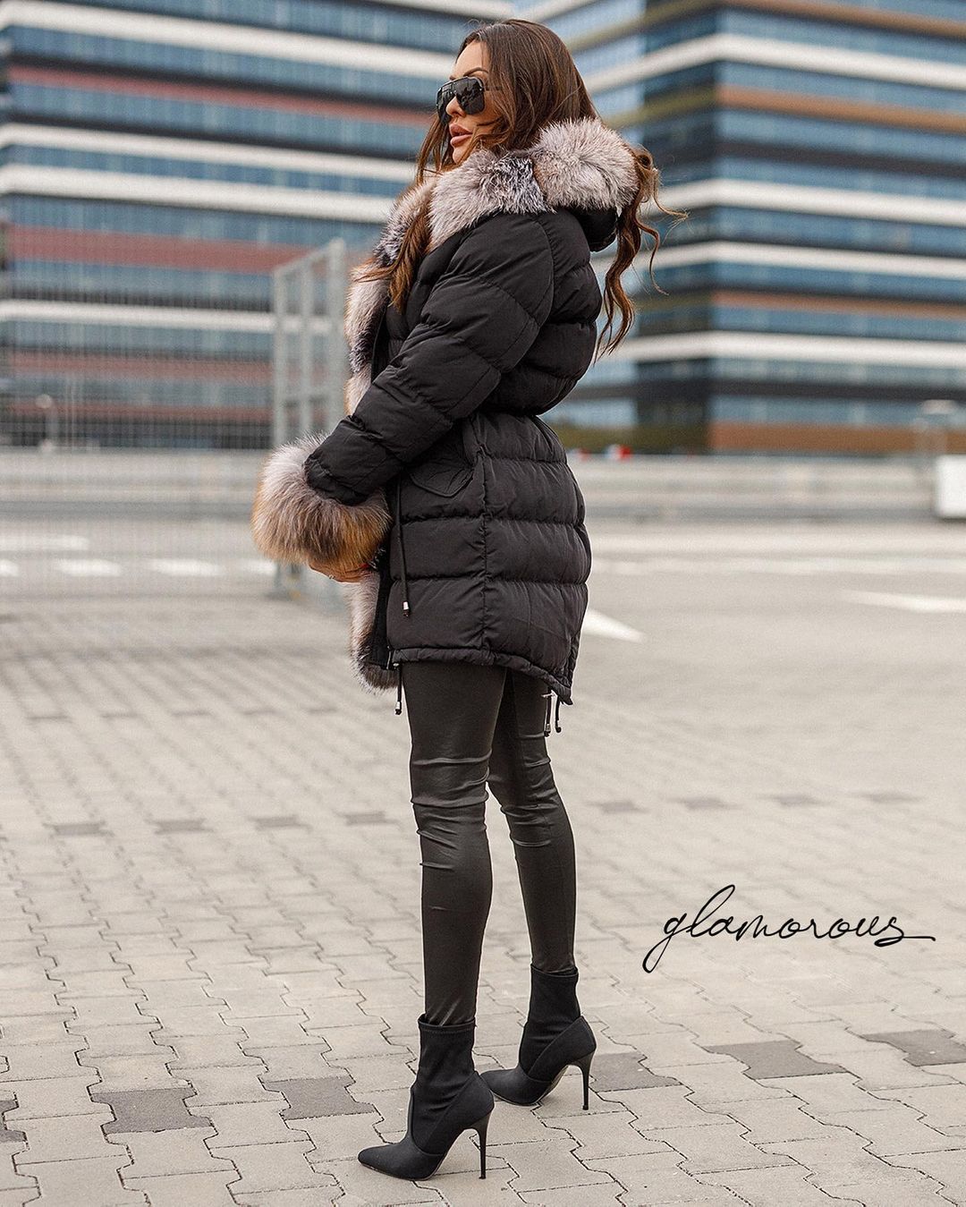 FOX FUR TRIM LONG DOWN JACKET IN BLACK